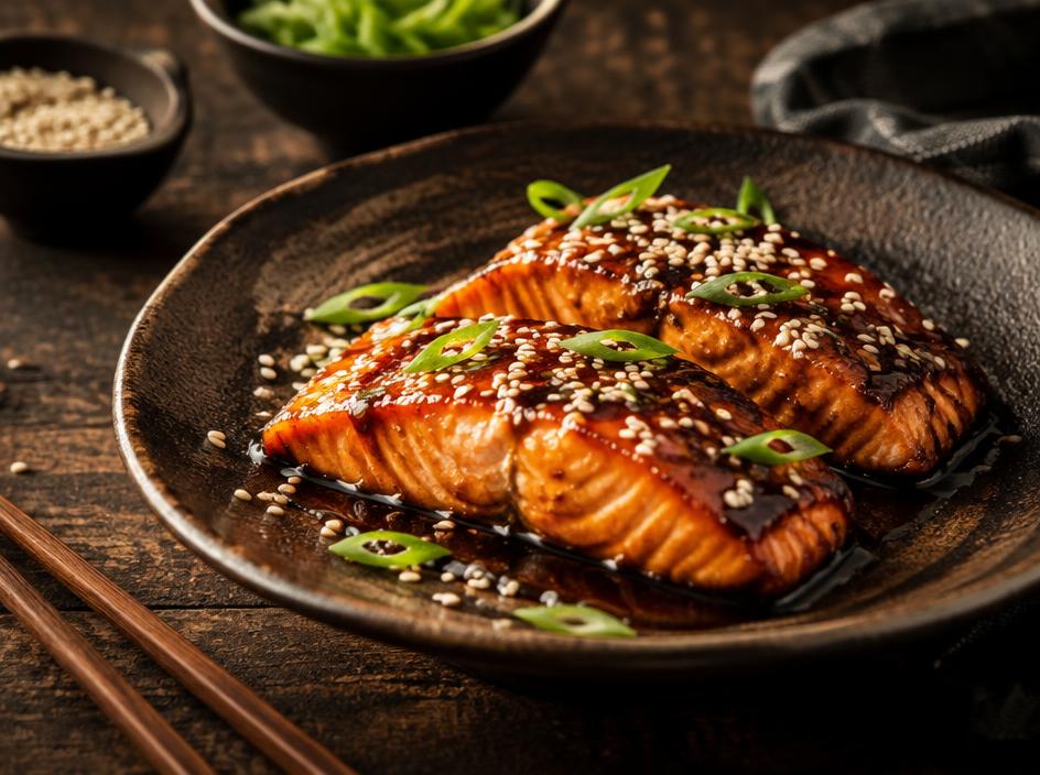 Salmão glaceado com mel e shoyu